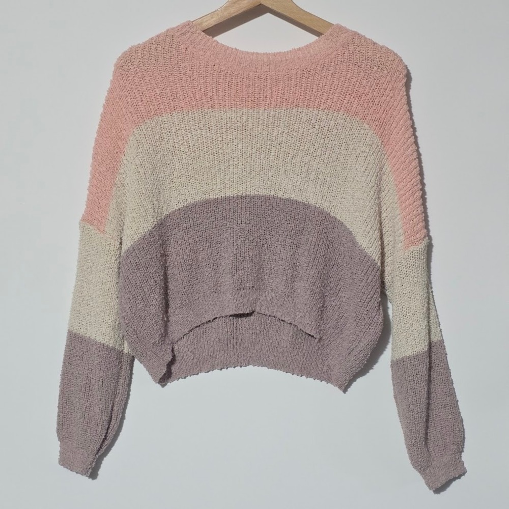 20-Debut Colorblock Chenille Sweater Pink Cream Mauve Cozy Knit Size S